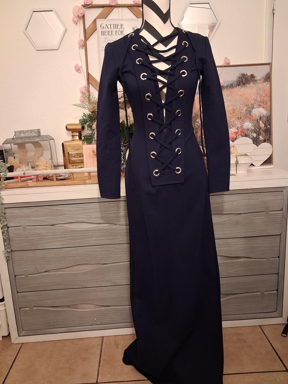Vintage Jovani Dark Navy Lace-Up Corset Maxi Gown - Size 0